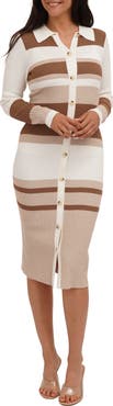 CYRUS Stripe Long Sleeve Button Front Ribbed Midi Dress