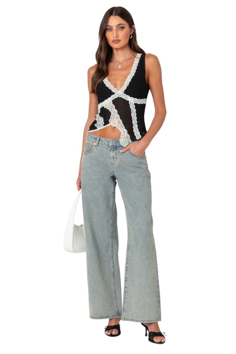 Asymmetric Lace Trim Chiffon Tank Top, Alternate, color, BLACK-AND-WHITE