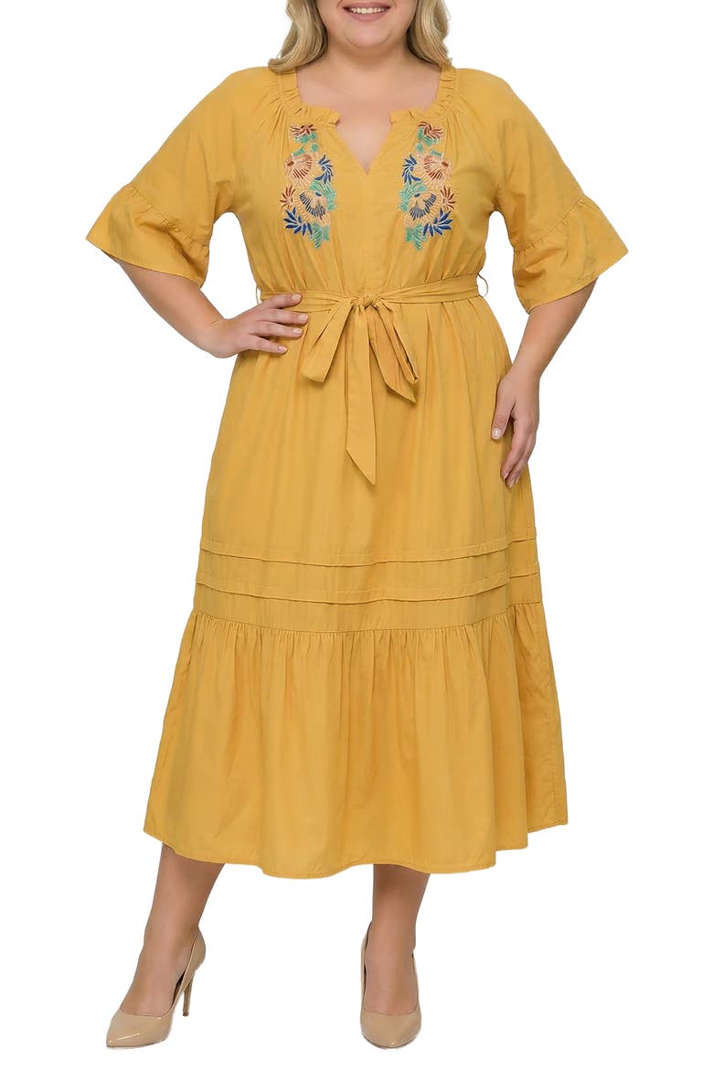 Boho Embroidered Midi Dress, Alternate, color, MUSTARD