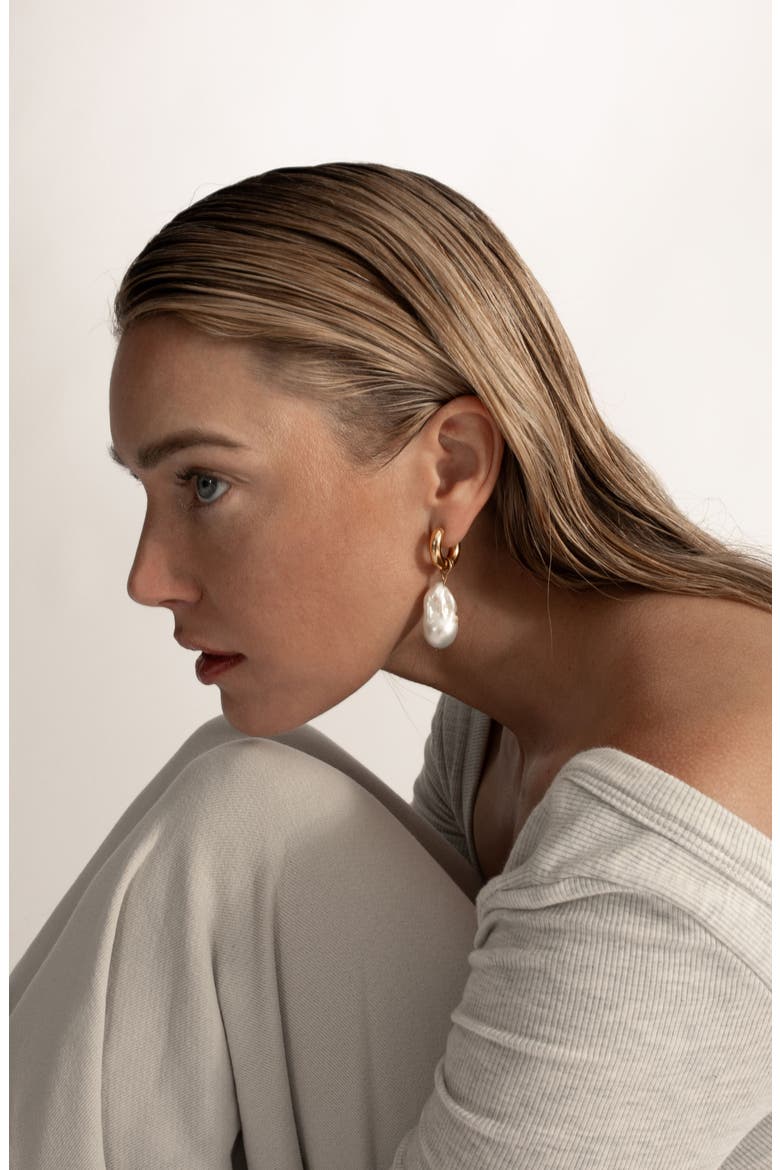 18k Gold Plated Pearl Drop Huggie Hoop Earrings, Alternate, color, WHITE/ GOLD