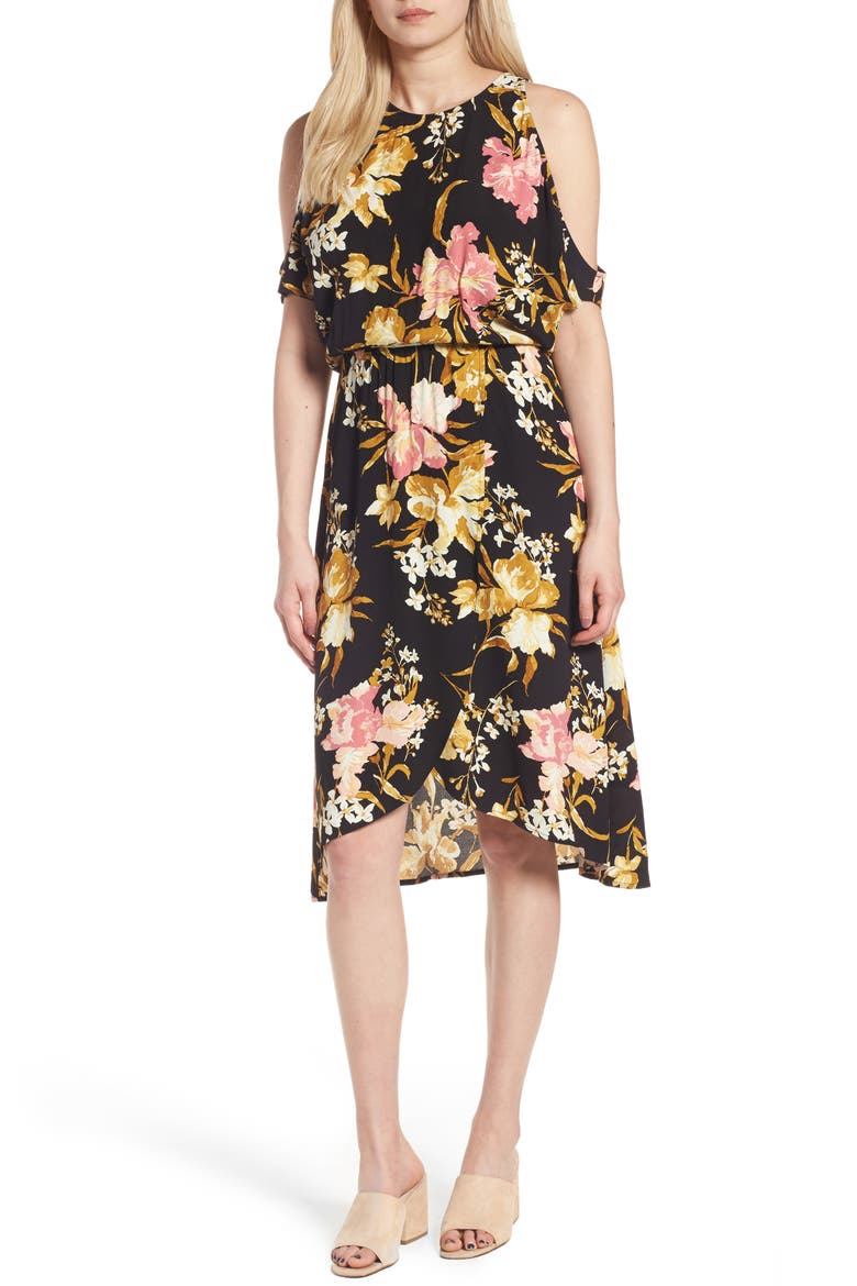 Cold Shoulder Midi Dress, Main, color, BLACK MIXED FLORAL