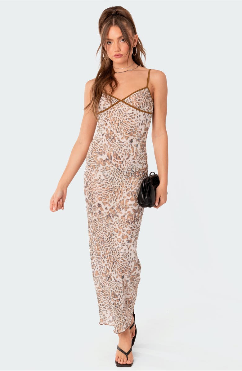 EDIKTED Leopard Print Sheer Mesh Slipdress, Alternate, color, 