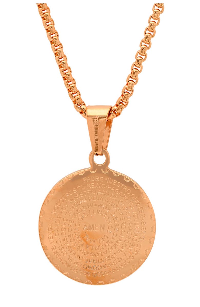 STEELTIME 18K Rose Gold Plated Simulated Diamond Padre Nuestro Prayer Disc Pendant Necklace, Alternate, color, Rose