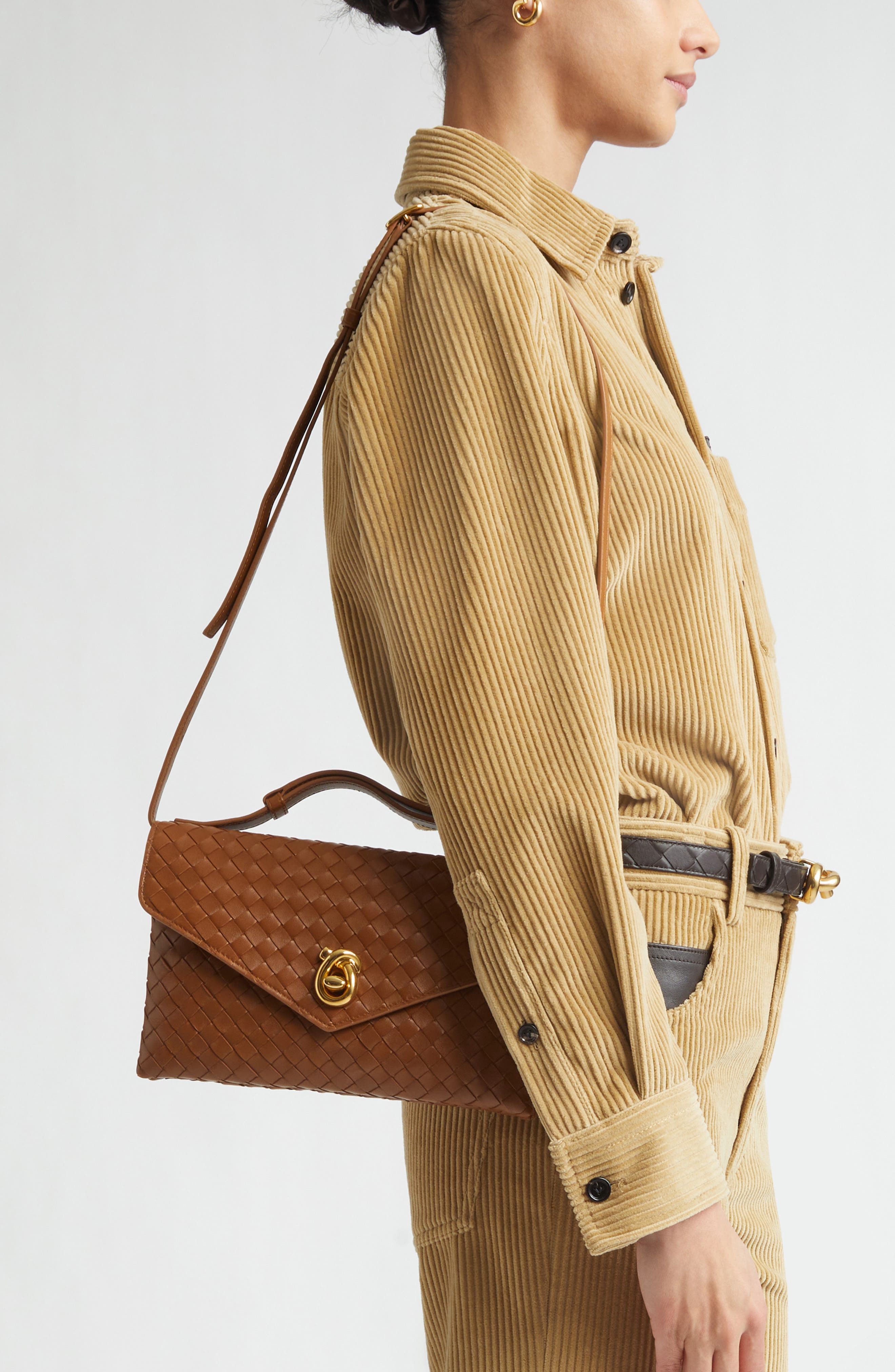 Bottega Veneta Knot Lock Intrecciato Leather Shoulder Bag, Alternate, color, 2599 Amber-M Brass