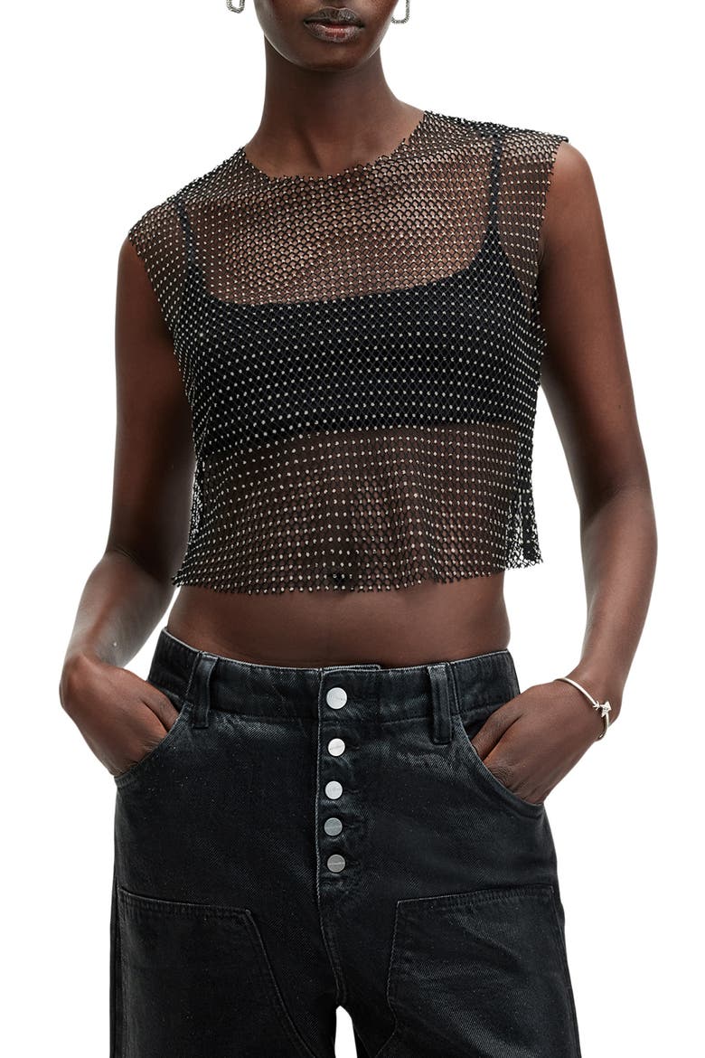 Calytrix Sparkle Mesh Crop Top, Main, color, BLACK