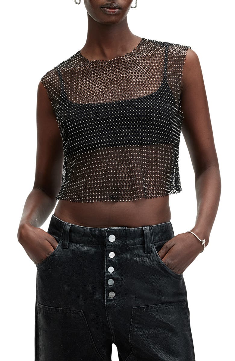 AllSaints Calytrix Sparkle Mesh Crop Top, Main, color, Black