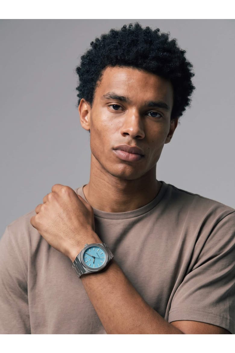 Elevate Link Denim Blue Swiss Bracelet Watch, 42MM, Alternate, color, Hushed Silver/Blue Azurite