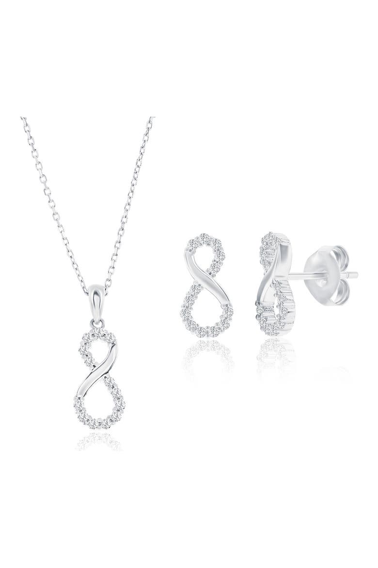 Cubic Zirconia Infinity Stud Earrings & Pendant Necklace Set, Main, color, SILVER