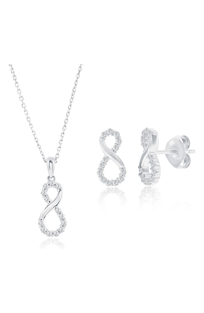 SIMONA Cubic Zirconia Infinity Stud Earrings & Pendant Necklace Set, Main, color, Silver