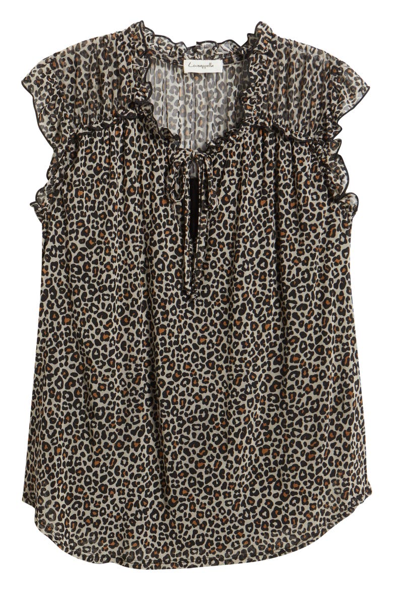 Animal Print Ruffle Trim Split Neck Top, Alternate, color, TAUPE