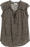 Loveappella Animal Print Ruffle Trim Split Neck Top
