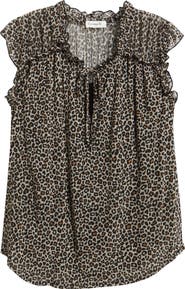 Loveappella Animal Print Ruffle Trim Split Neck Top