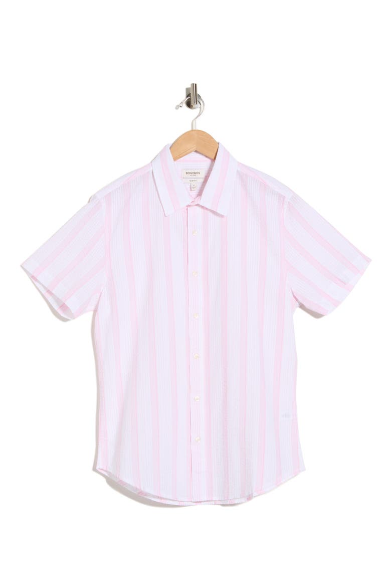 Riviera Short Sleeve Cotton Button-Up Shirt, Alternate, color, PINK STRIPE SEERSUCKER