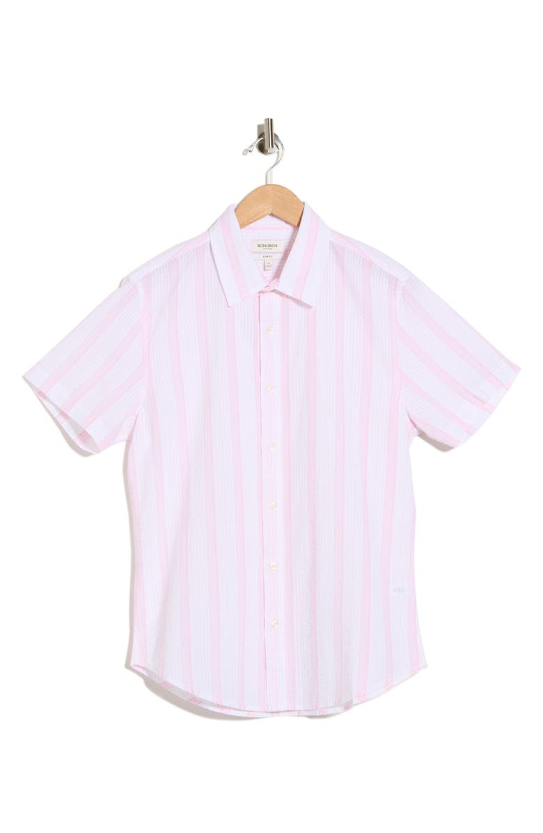 Bonobos Riviera Short Sleeve Cotton Button-Up Shirt, Main, color, Pink Stripe Seersucker