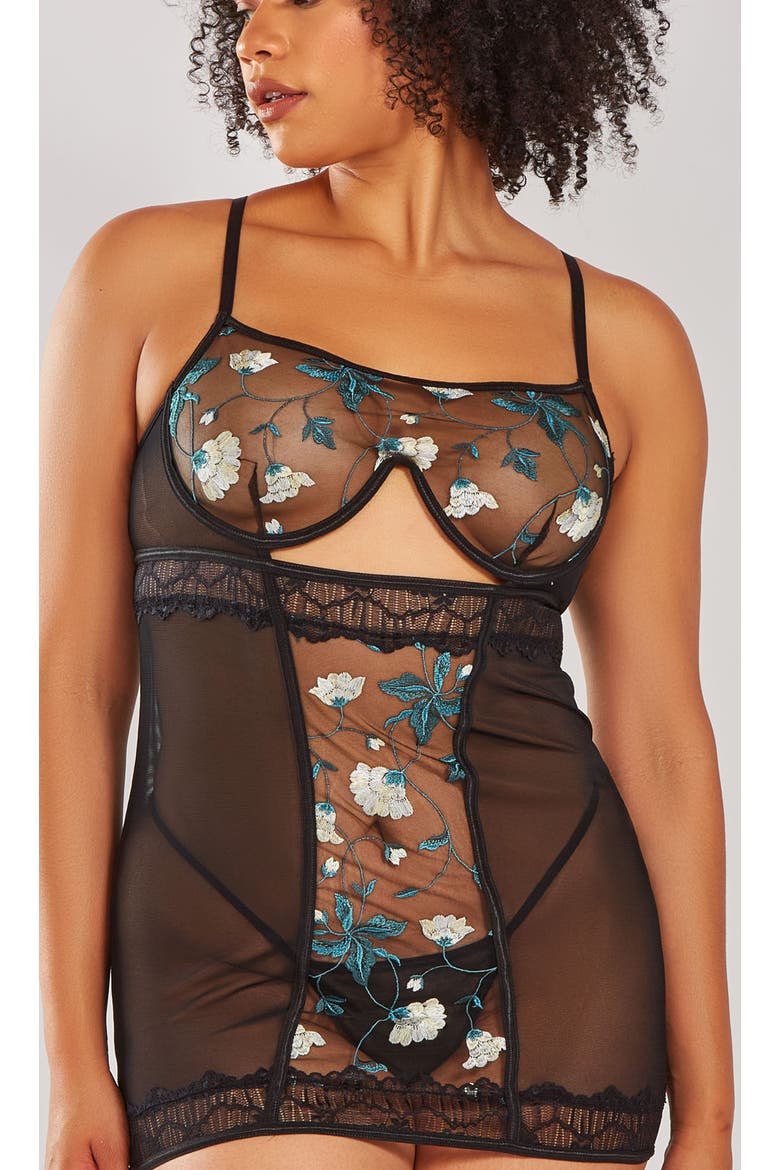 Embroidered Mesh Peekaboo Chemise Set, Alternate, color, Teal-Black