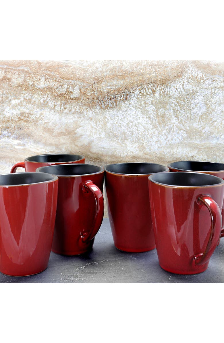 Elama Harland 14 Ounce 6 Piece Luxe and Large Stoneware Dinner Mugs, Alternate, color, Red