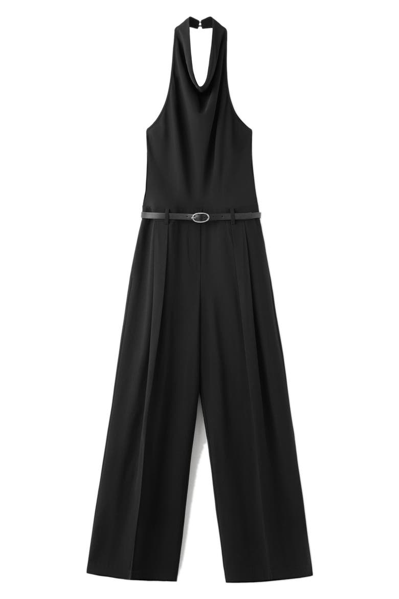 Halter Neck Belted Jumpsuit, Main, color, BLACK