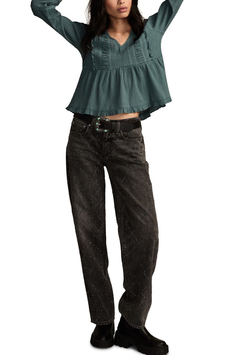 Lace Accent Cotton Peplum Top, Alternate, color, STORMY WEATHER