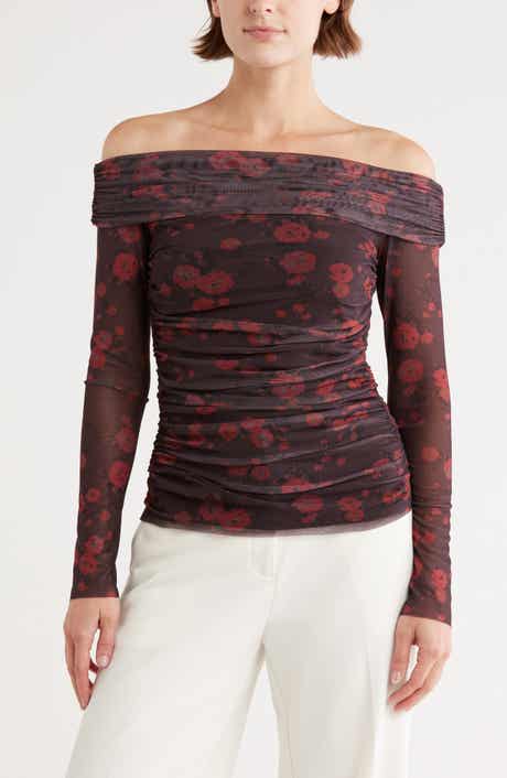 Leith Off the Shoulder Mesh Knit Top
