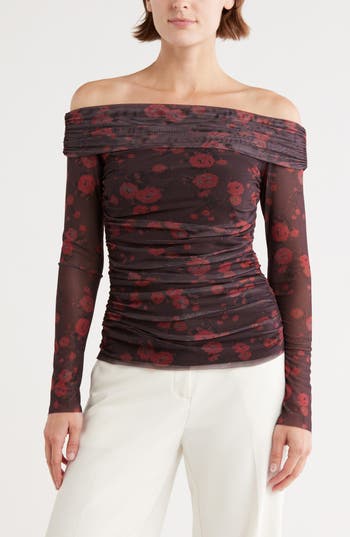 Leith Off The Shoulder Mesh Knit Top In Multi