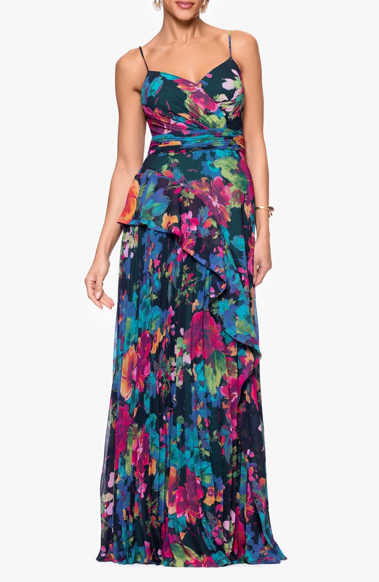 Xscape Evenings Printed Pleated Chiffon Maxi Cocktail Dress, Main, color, Navy/ Multi