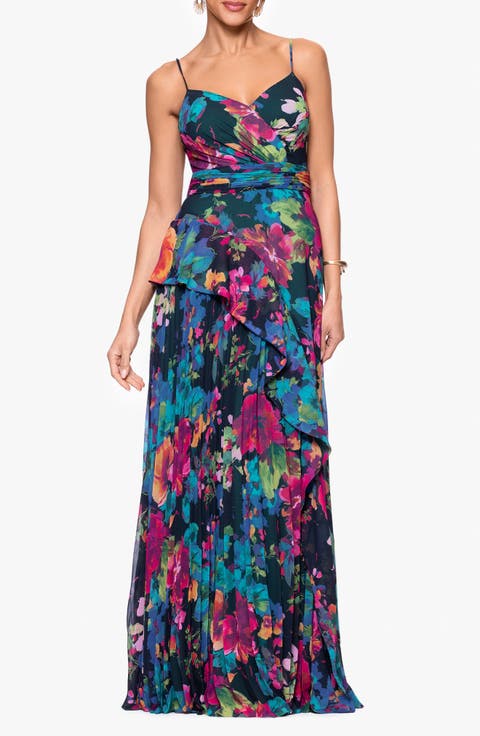 Printed Pleated Chiffon Maxi Cocktail Dress