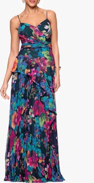 Xscape Evenings Printed Pleated Chiffon Maxi Cocktail Dress