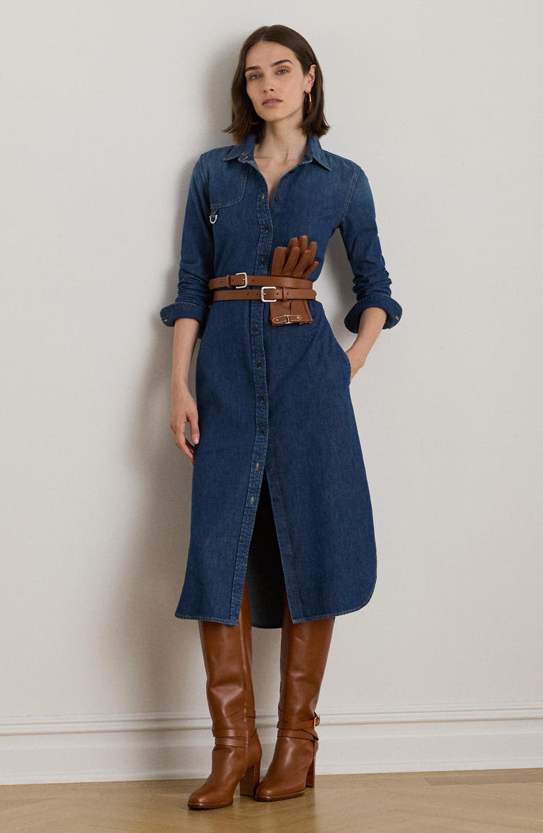 Lauren Ralph Lauren Horsebit Belted Long Sleeve Denim Shirtdress, Alternate, color, Atecco Wash