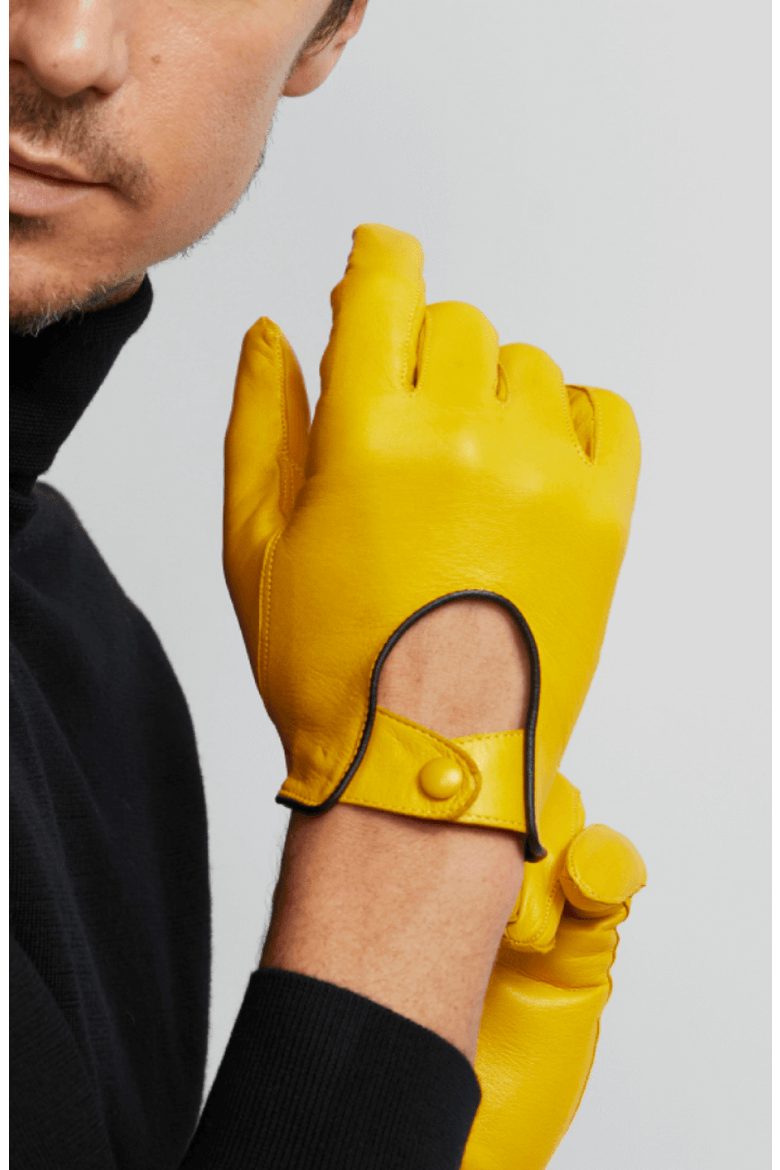 Men's Leather Driving Gloves, Alternate, color, Yellow With Black Trim