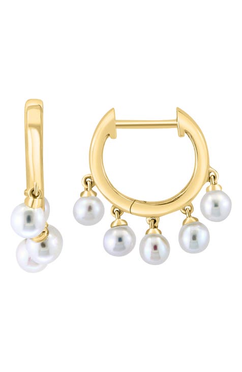 14K Yellow Gold 3mm Freshwater Pearl Charm Huggie Hoop Earrings