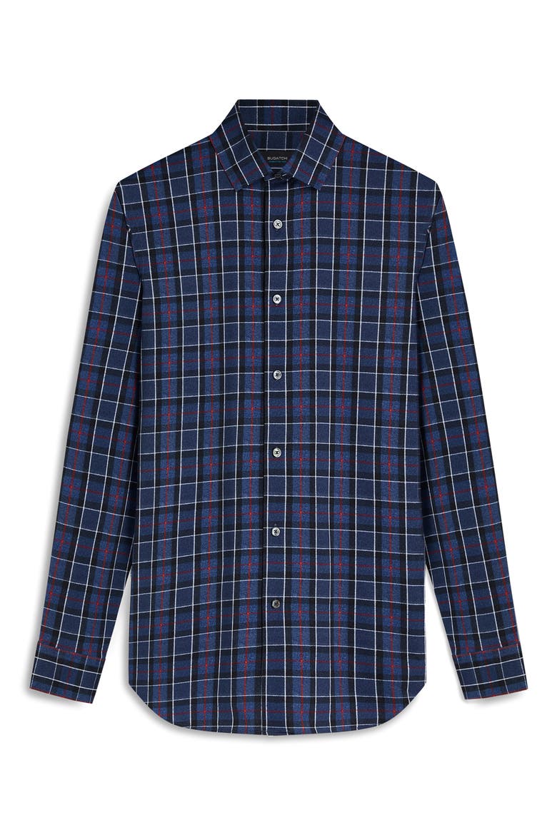 OoohCotton® Plaid Print Button-Up Shirt, Main, color, INDIGO