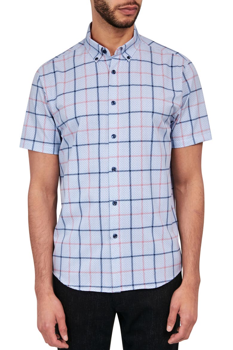 Slim Fit Gowanus Textured Grid 4-Way Stretch Performance Short Sleeve Shirt, Main, color, NAVY/PINK