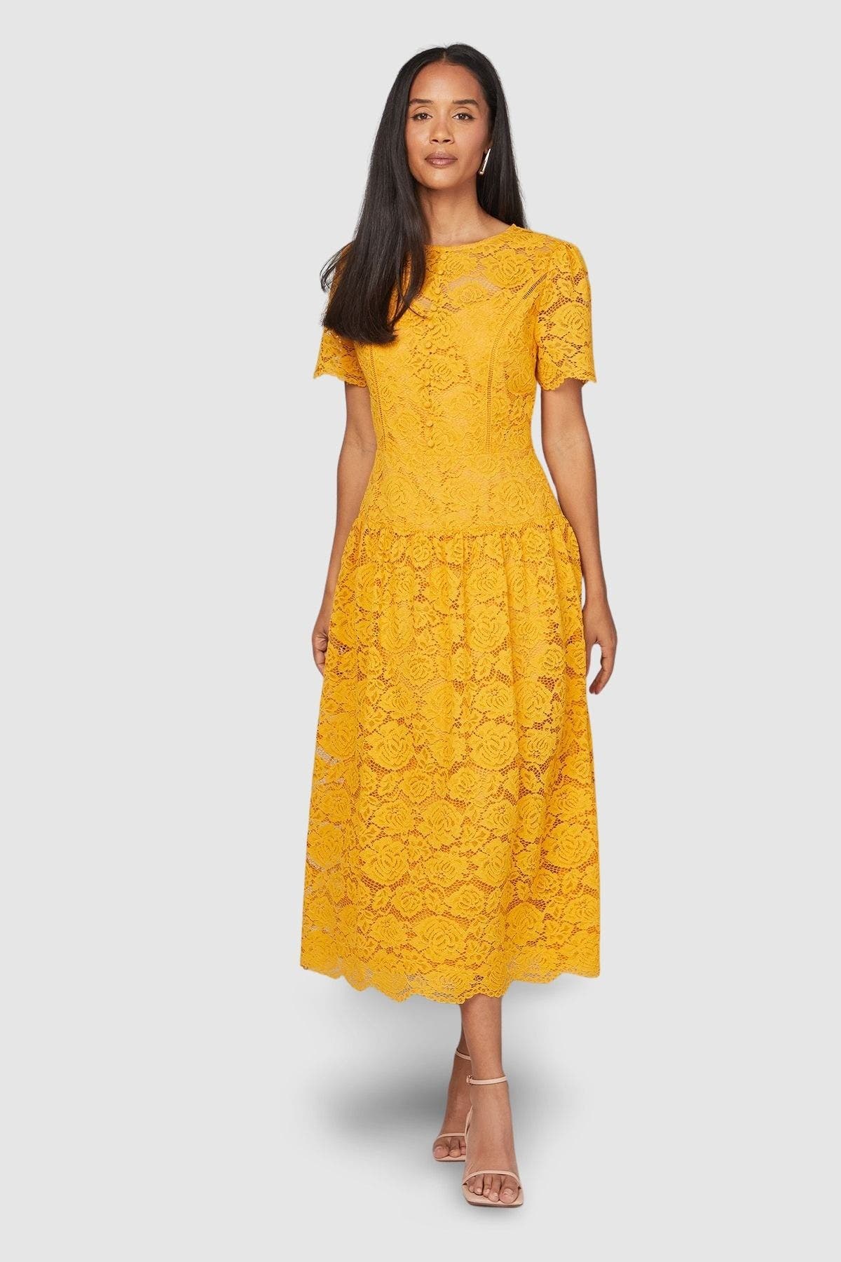 Lace Button Detail Drop Hem Midi Dress