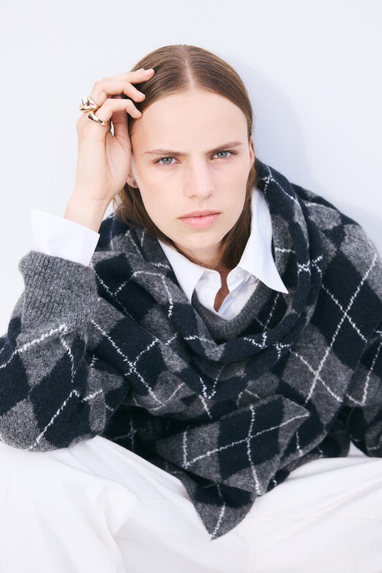 Scarf-Detail Sweater, Alternate, color, Dark gray/argyle