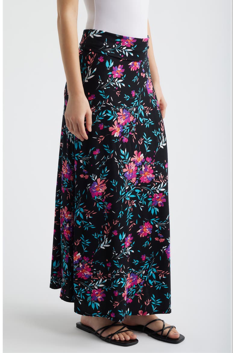 Roll Top Floral Print Maxi Skirt, Alternate, color, BLACK/ FUCHSIA