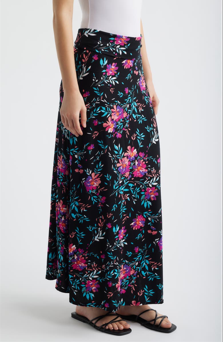 Loveappella Roll Top Floral Print Maxi Skirt, Alternate, color, Black/ Fuchsia