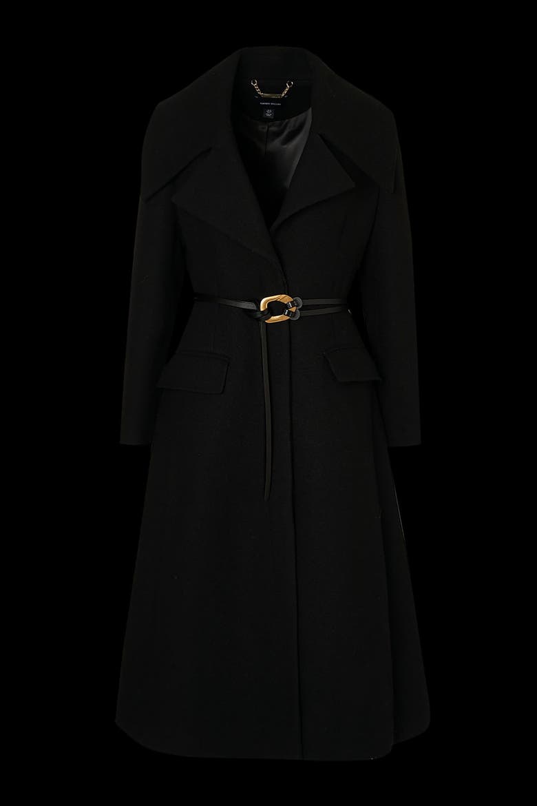 Wool Shawl Collar Belted Midi Coat, Alternate, color, Black