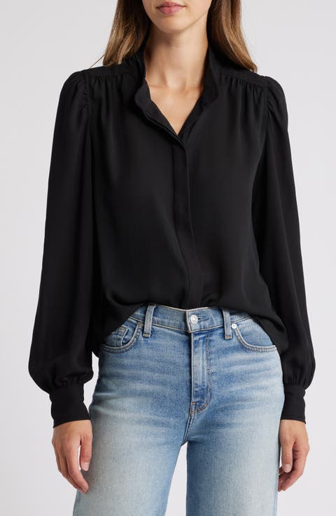 Open Collar Long Sleeve Georgette Button-Up Shirt