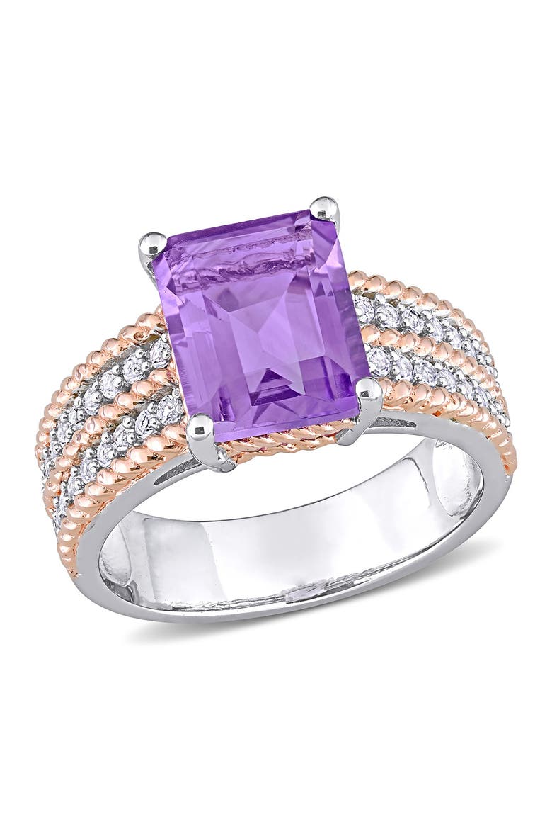 Two-Tone Square Cut Amethyst Pave Whate Topaz Accent Band Cocktail Ring - 0.00 ctw, Main, color, PURPLE