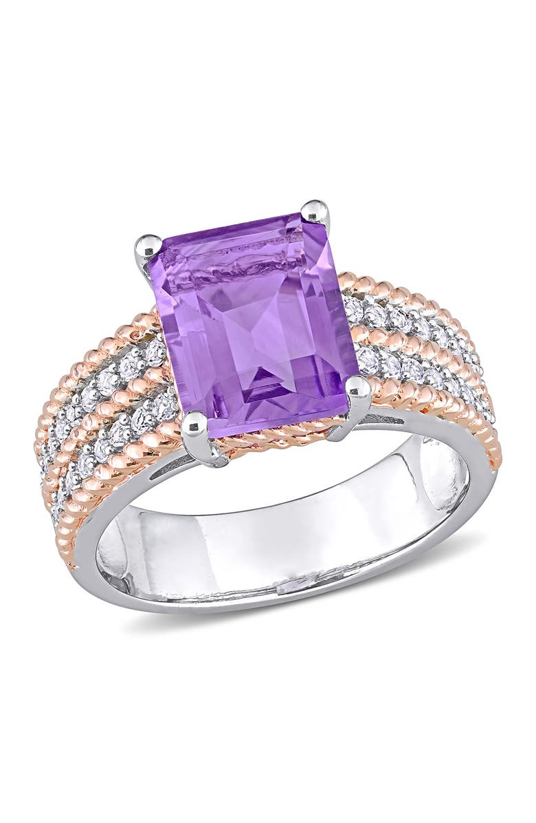 DELMAR Two-Tone Square Cut Amethyst Pave Whate Topaz Accent Band Cocktail Ring - 0.00 ctw, Main, color,