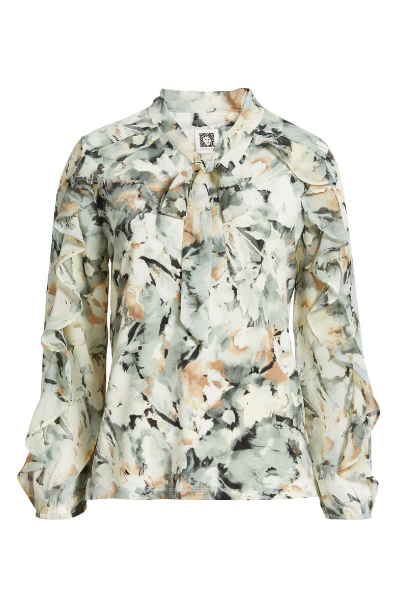 Anne Klein Printed Ruffle Tie Neck Top, Alternate, color, Soft Aloe Multi