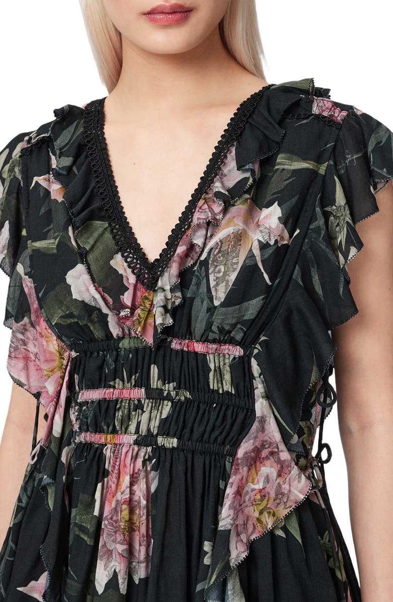 AllSaints Canto Floral Side Tie Tiered Ruffle Trim Top, Alternate, color, Crystal Black