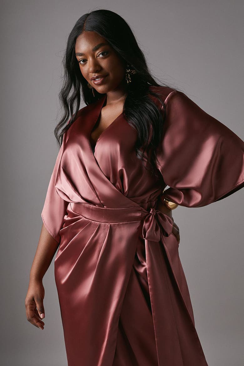 Plus Satin Wrap Midi Dress, Alternate, color, Rose