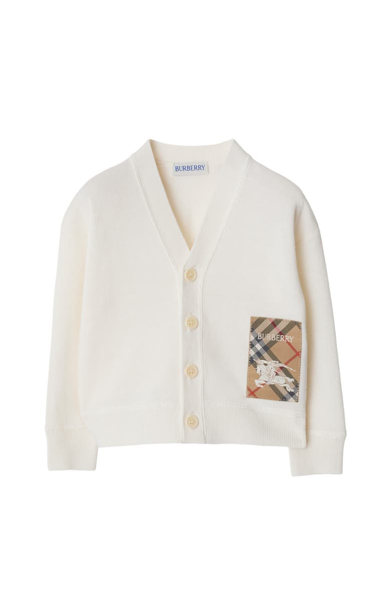 Burberry Check Label Wool Cardigan, Main, color, Ivory