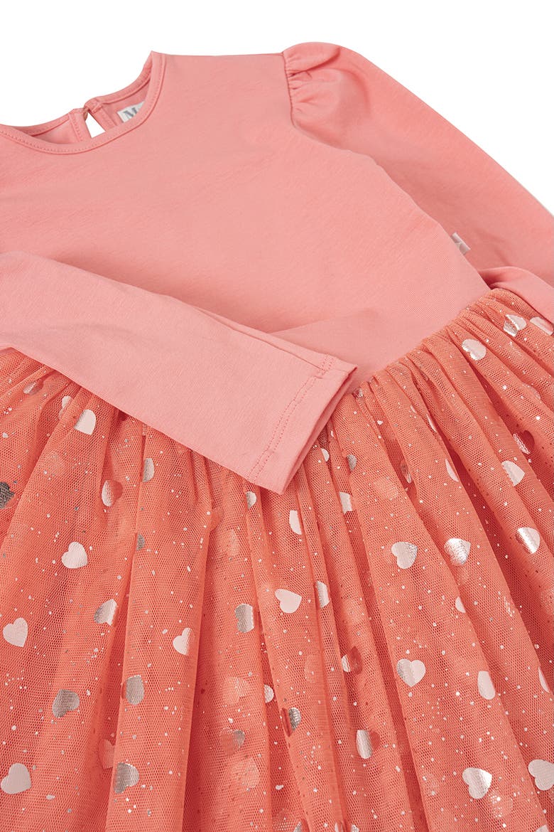 Gleam Long Sleeve Foil Heart Tulle Dress, Alternate, color, Coral Peony