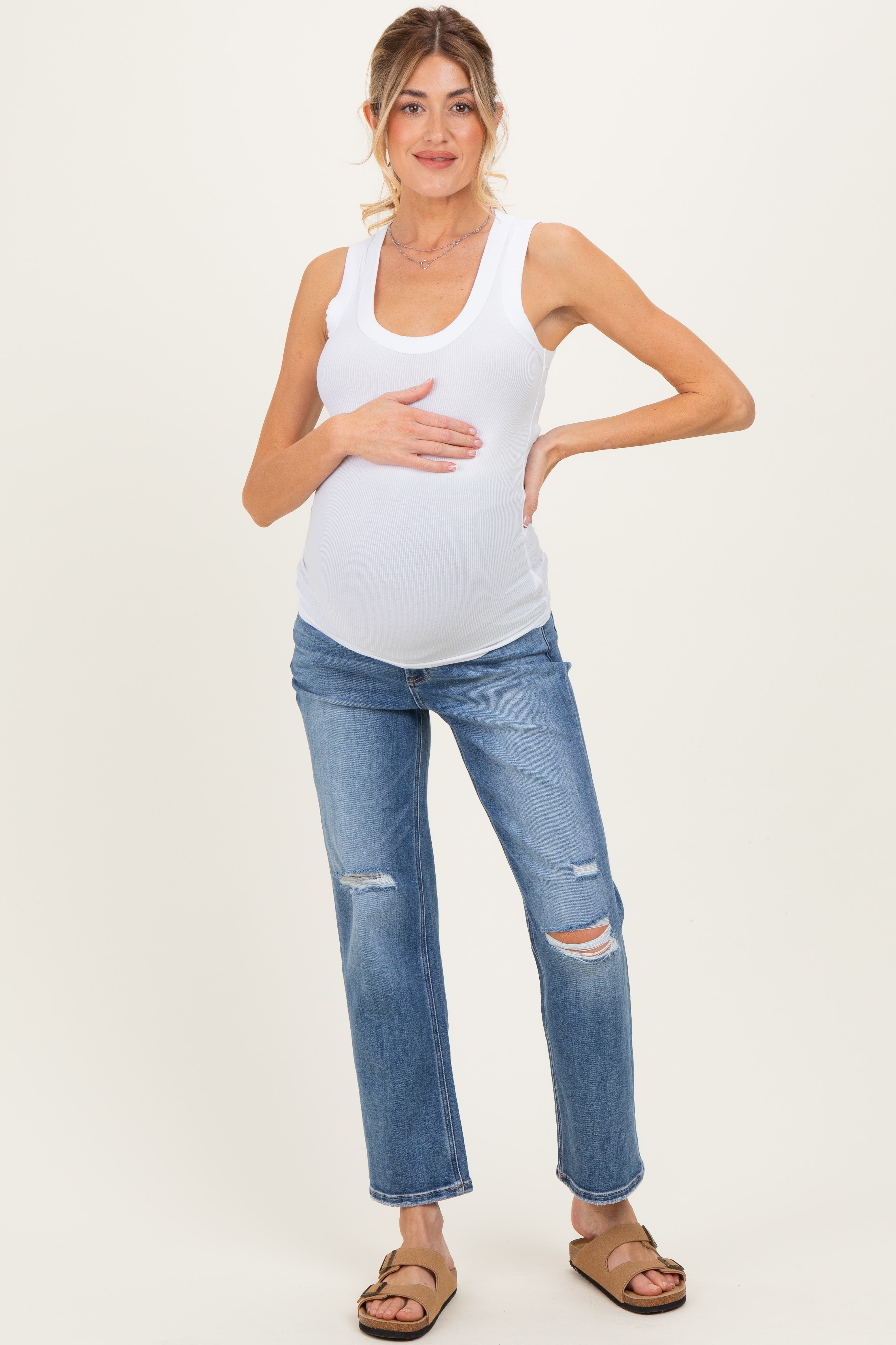Distressed Open Knee Ankle Straight Leg Maternity Jeans - image 2