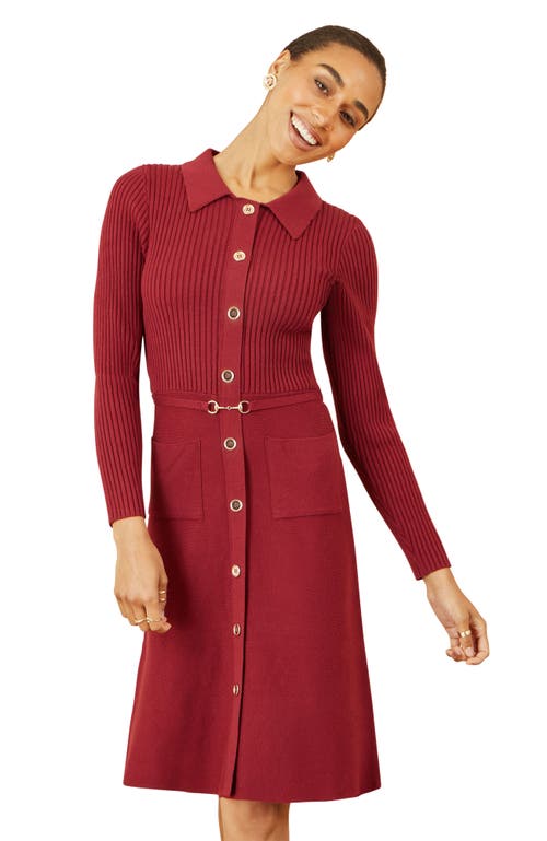 Yumi Belted Rib Knit Midi Dress With Pockets In Burgundy