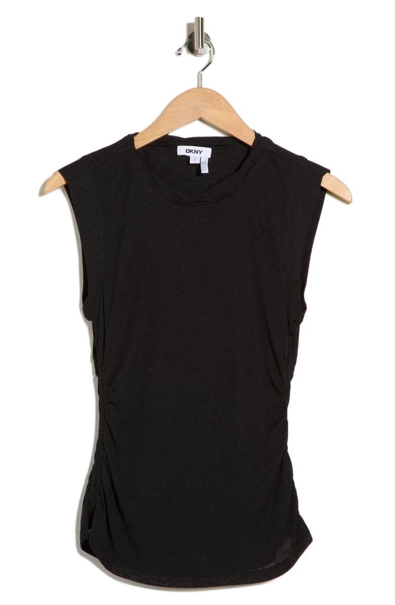 DKNY Sleeveless Ruched Knit Top, Main, color, Black