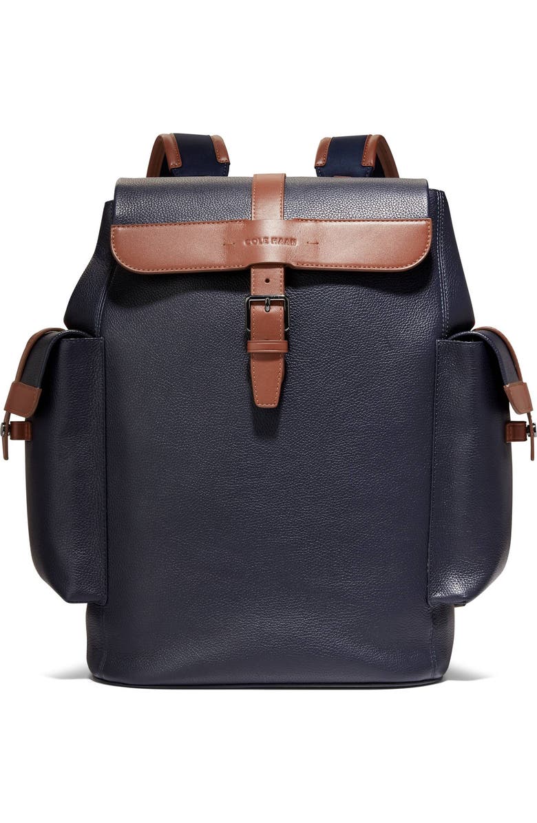 Cole Haan Triboro Leather Backpack, Main, color, Navy/ New British Tan