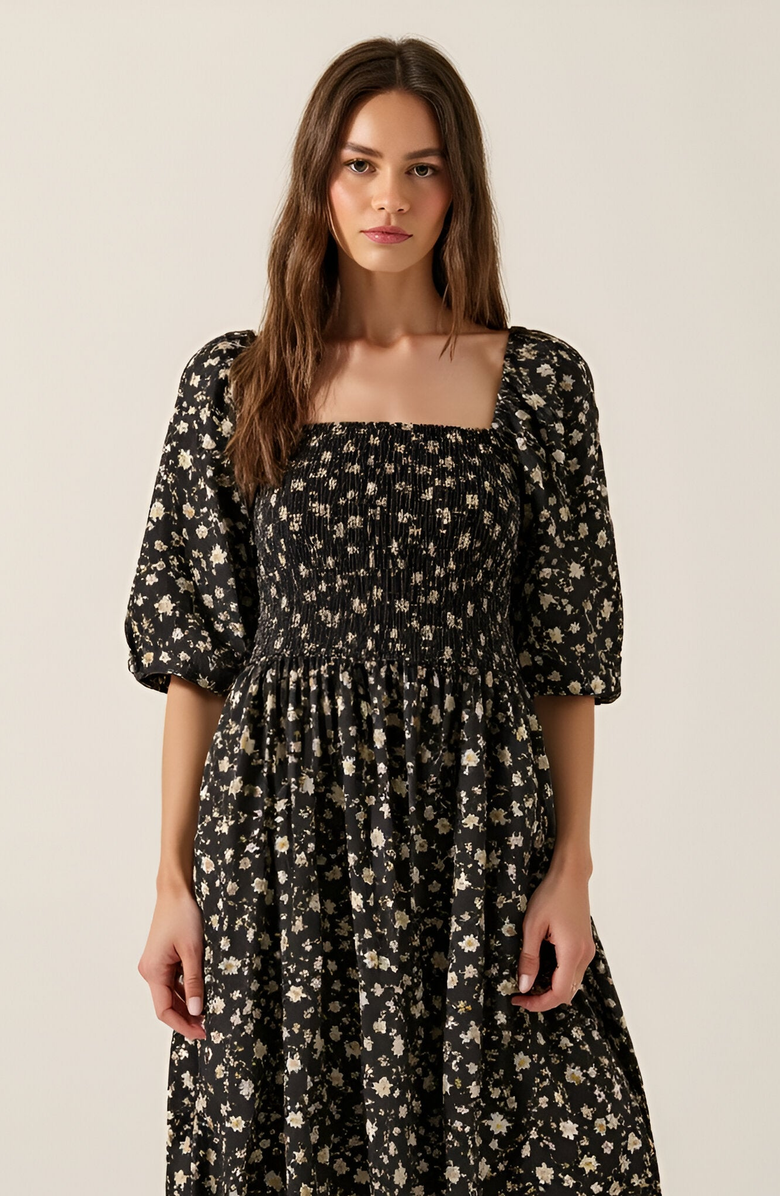 Modenaire Floral Print Woven Midi Dress with Smocked Bodice, Puff Sleeves and Tiered Ruffle Skirt, Alternate, color, 